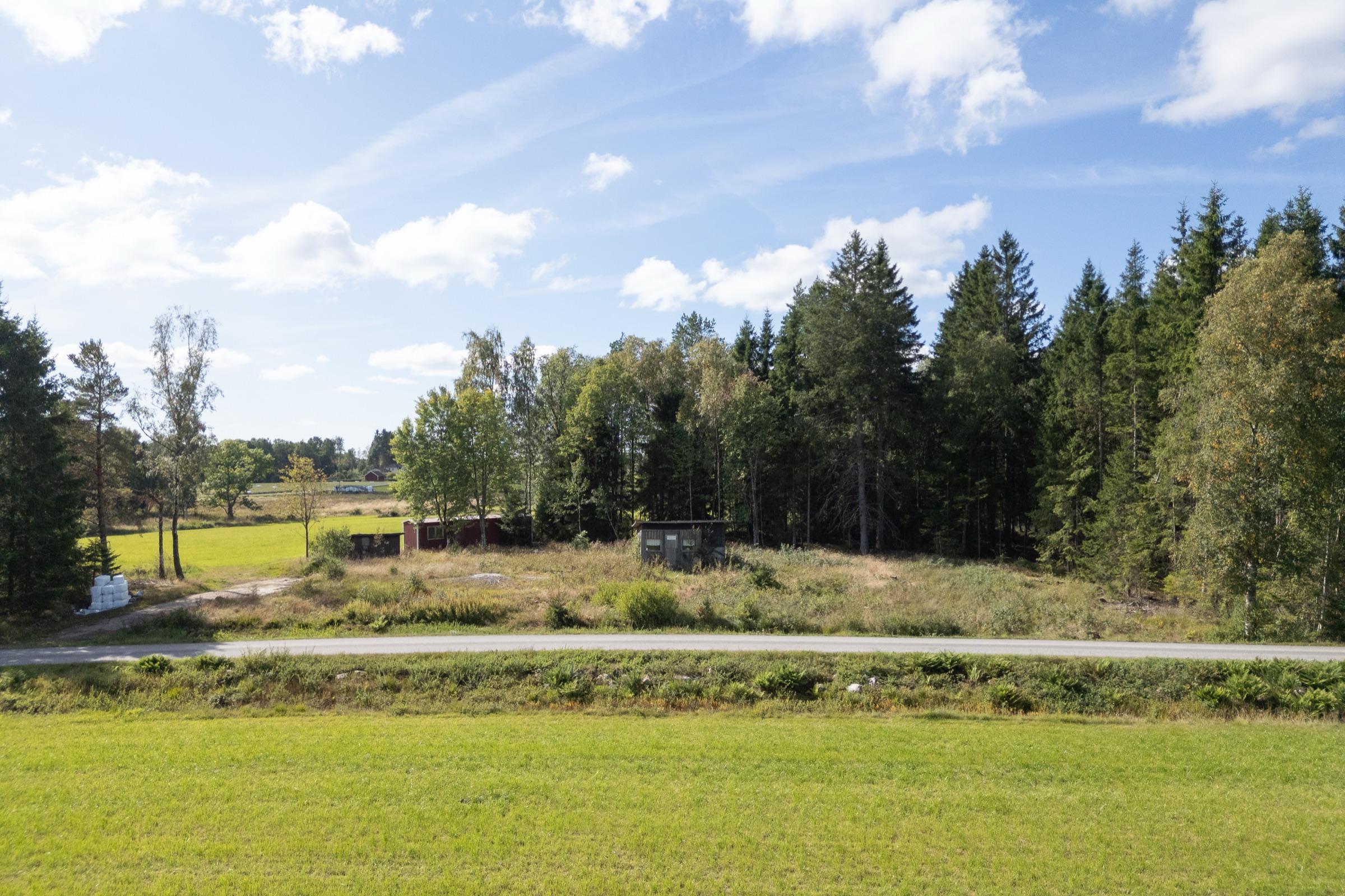 Den öppna tomten på Bäckabo 19 med skog i bakgrunden