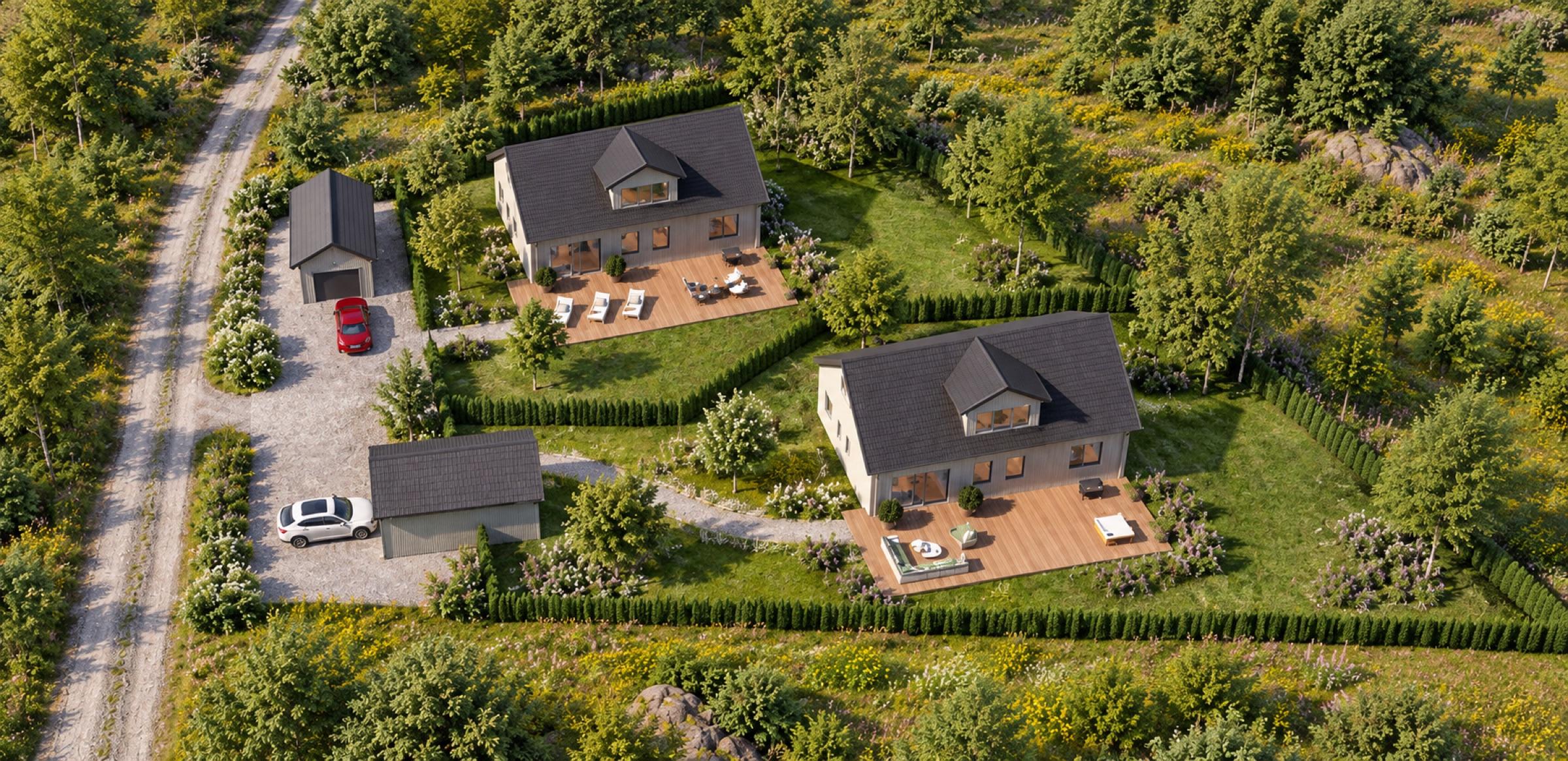 Visualisering: två möjliga nya hus på tomterna vid Kvarbo Hästhagen