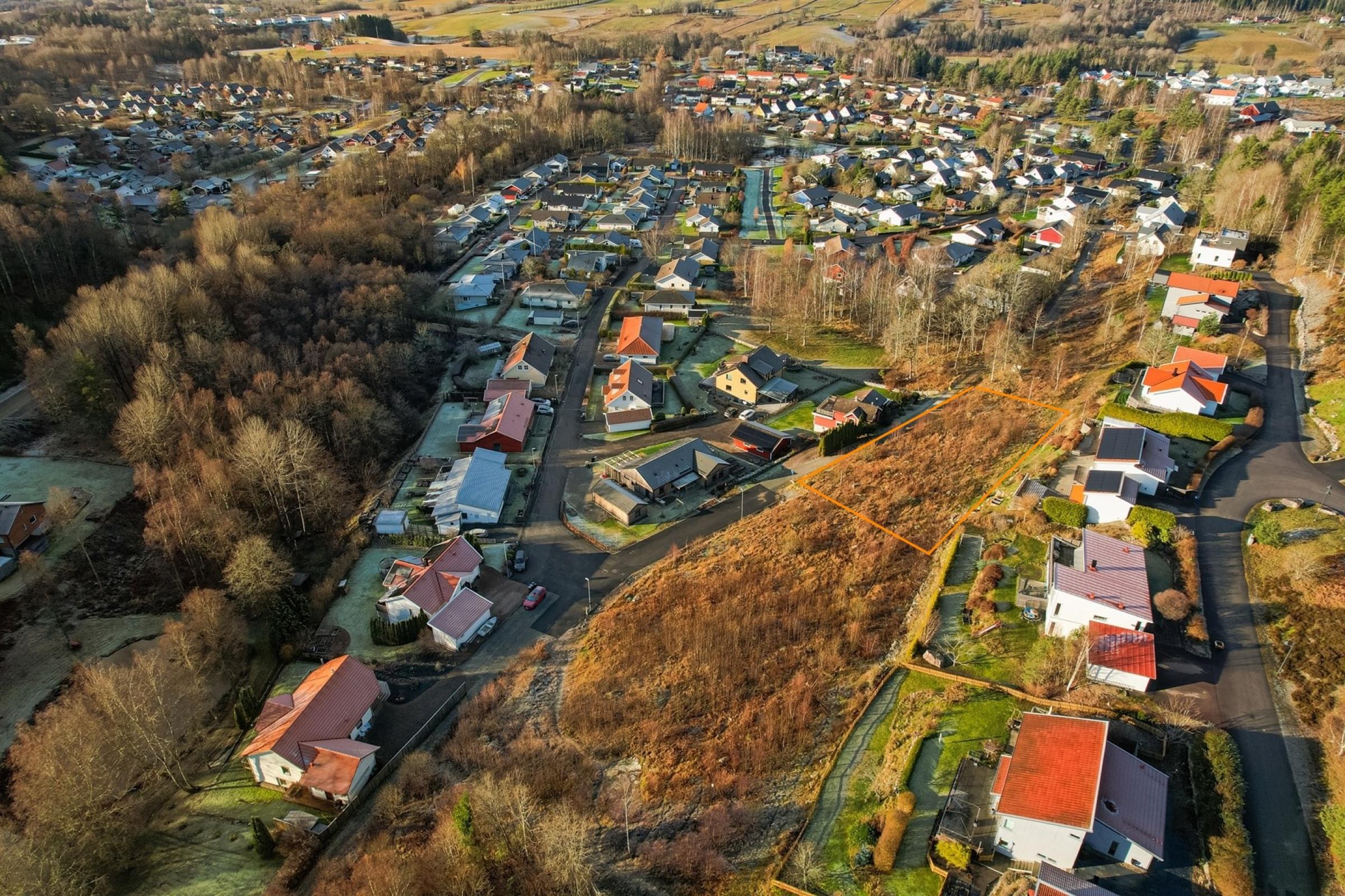 Drönarbild över slänten vid Spjälvägen och husen runt omkring